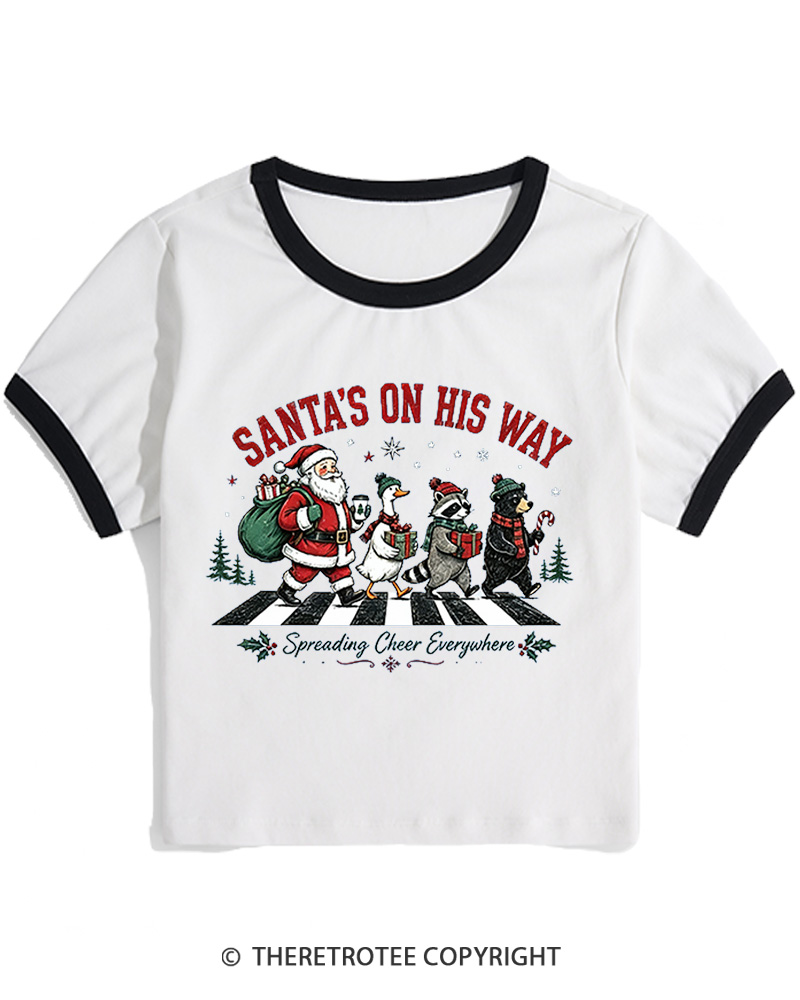TheRetroTee Santa’s On His Way 1960s Christmas Women Ringer T-shirt