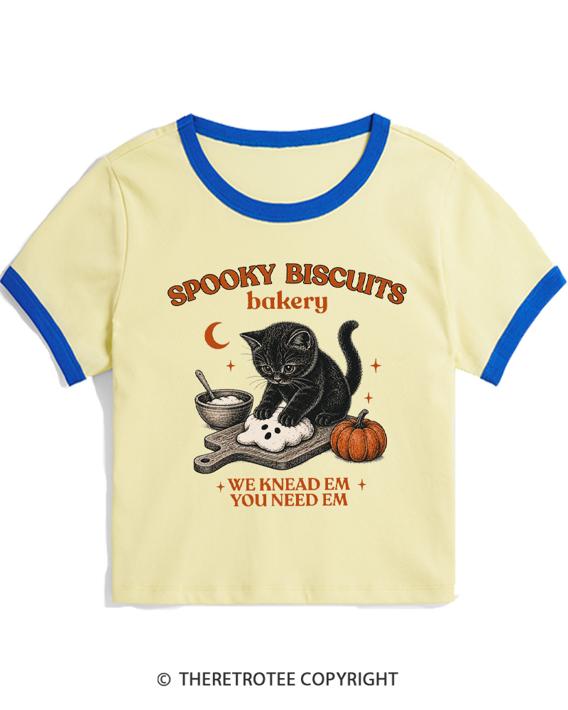 TheRetroTee Spooky Biscuits Bakery 1970s Women Ringer T-shirt
