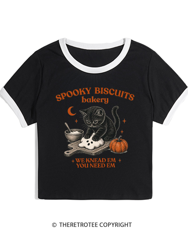 TheRetroTee Spooky Biscuits Bakery 1970s Women Ringer T-shirt
