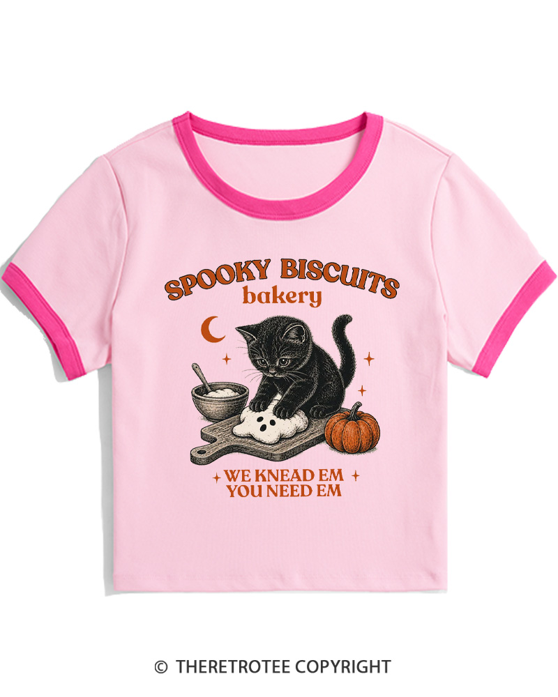 TheRetroTee Spooky Biscuits Bakery 1970s Women Ringer T-shirt