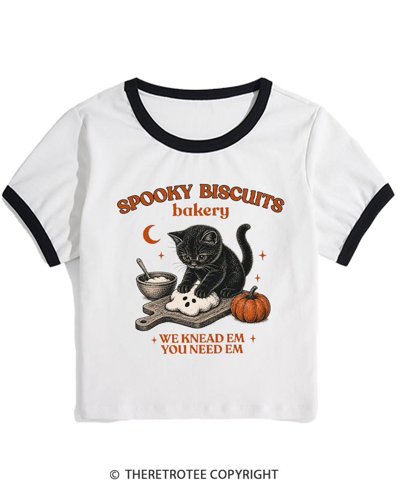 TheRetroTee Spooky Biscuits Bakery 1970s Women Ringer T-shirt