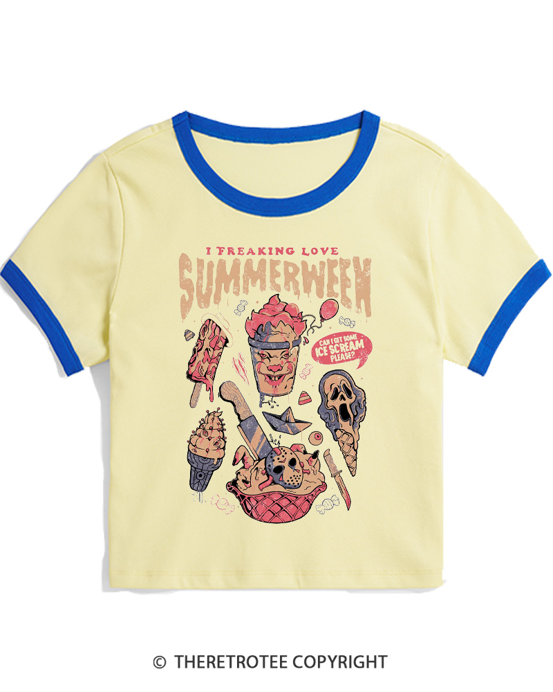 TheRetroTee Summerween 1980s Halloween Women Ringer T-shirt