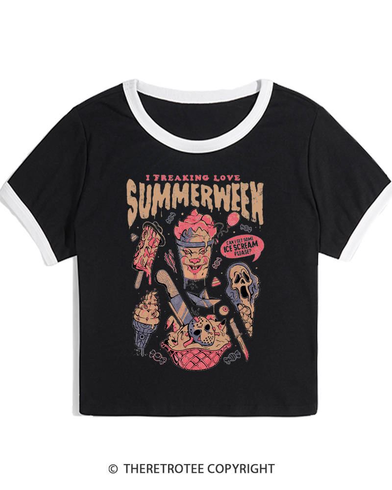 TheRetroTee Summerween 1980s Halloween Women Ringer T-shirt