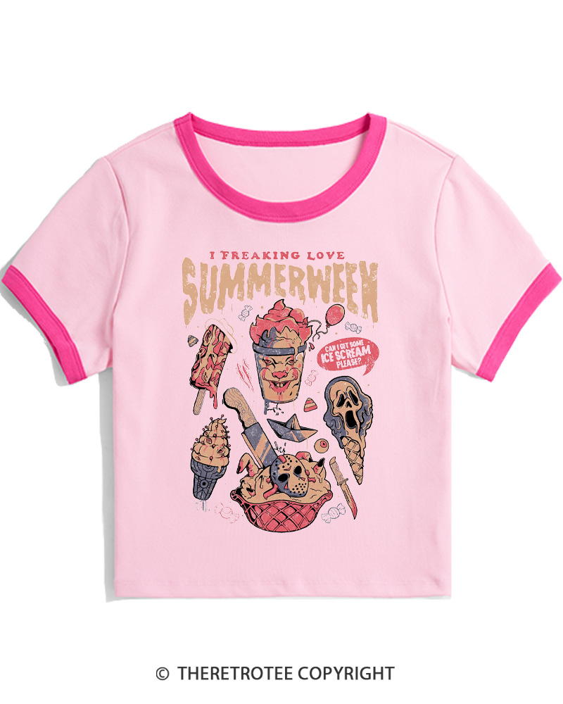 TheRetroTee Summerween 1980s Halloween Women Ringer T-shirt