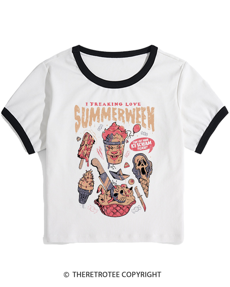 TheRetroTee Summerween 1980s Halloween Women Ringer T-shirt