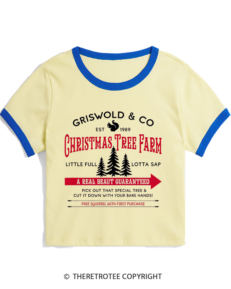 TheRetroTee Christmas Tree Farm 1980s Christmas Women Ringer T-shirt
