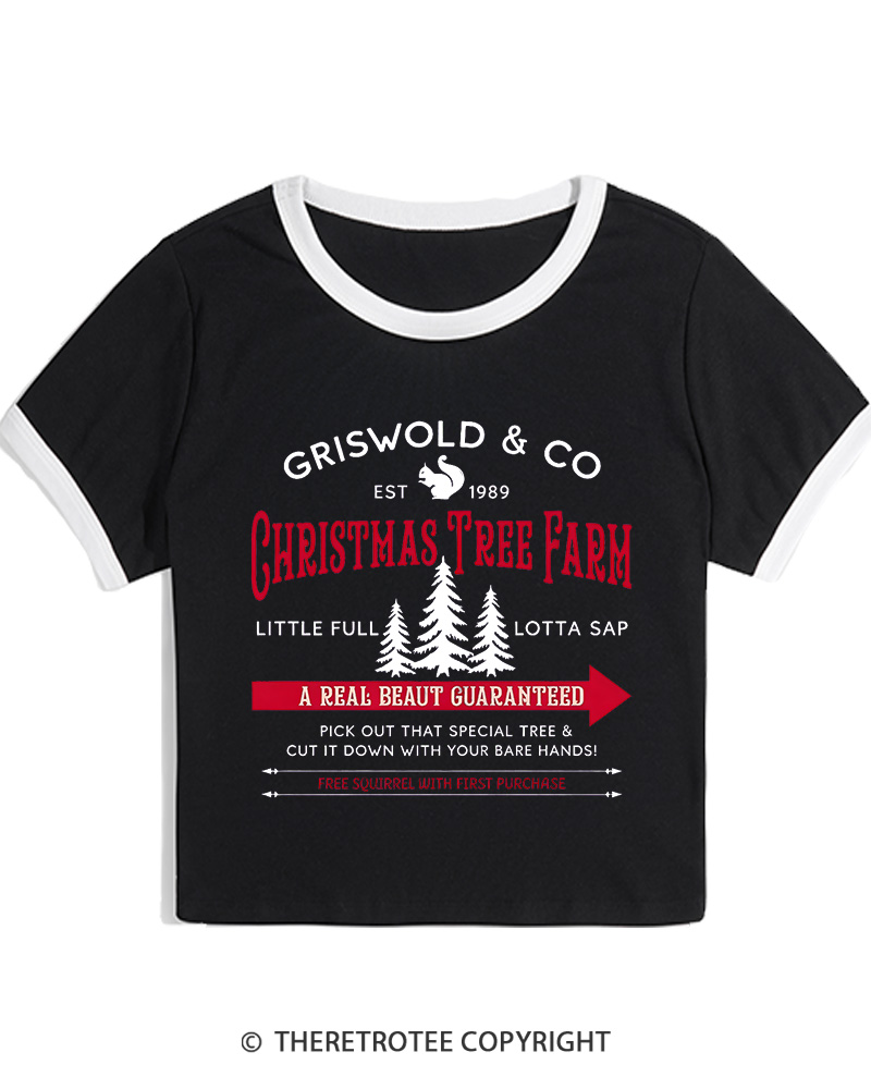 TheRetroTee Christmas Tree Farm 1980s Christmas Women Ringer T-shirt