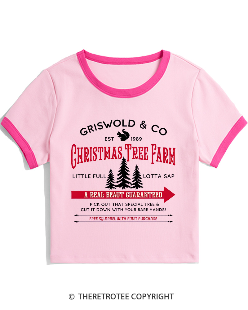TheRetroTee Christmas Tree Farm 1980s Christmas Women Ringer T-shirt