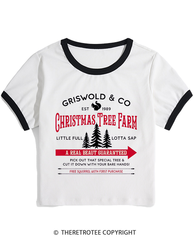 TheRetroTee Christmas Tree Farm 1980s Christmas Women Ringer T-shirt