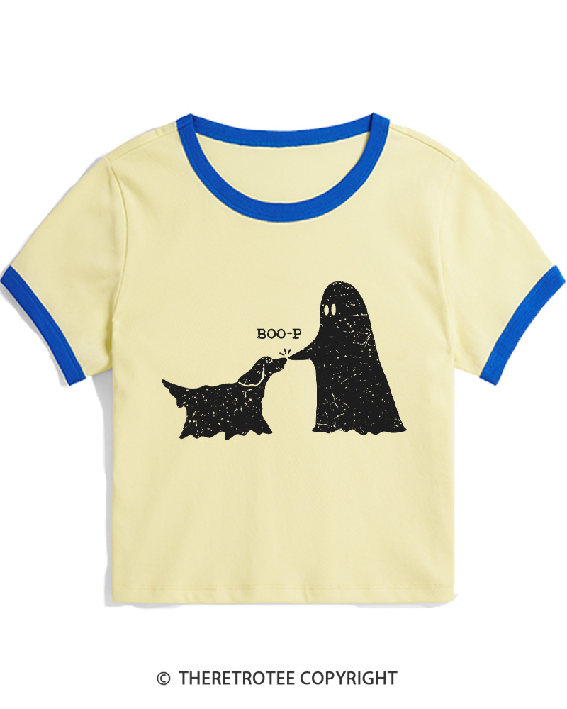 TheRetroTee Boo-p Ghost Dog Vintage Women Ringer T-shirt