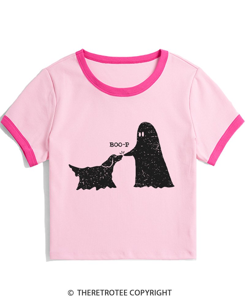 TheRetroTee Boo-p Ghost Dog Vintage Women Ringer T-shirt