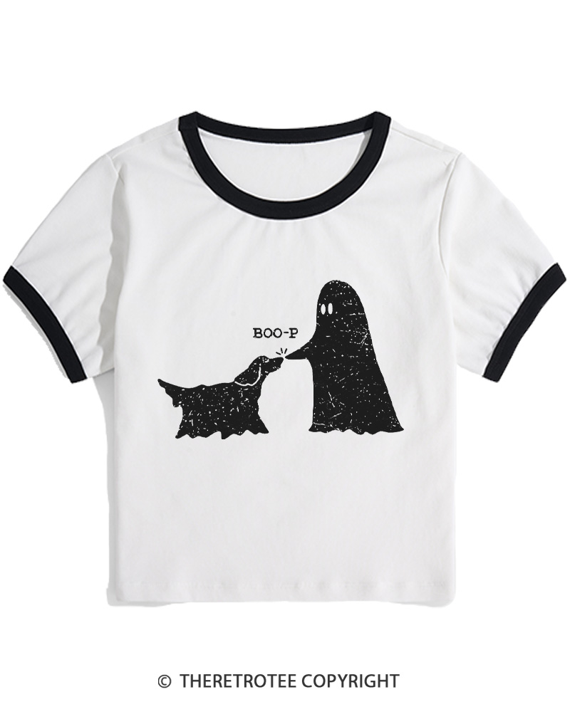 TheRetroTee Boo-p Ghost Dog Vintage Women Ringer T-shirt
