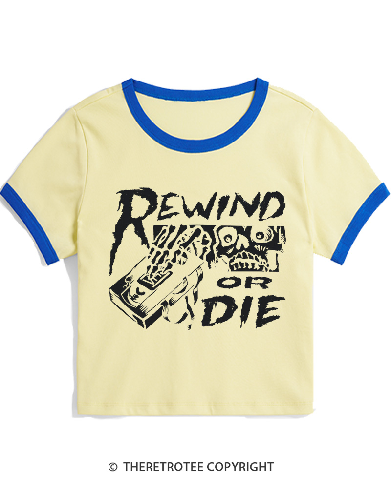 TheRetroTee Rewind Or Die 1980s Women Ringer T-shirt