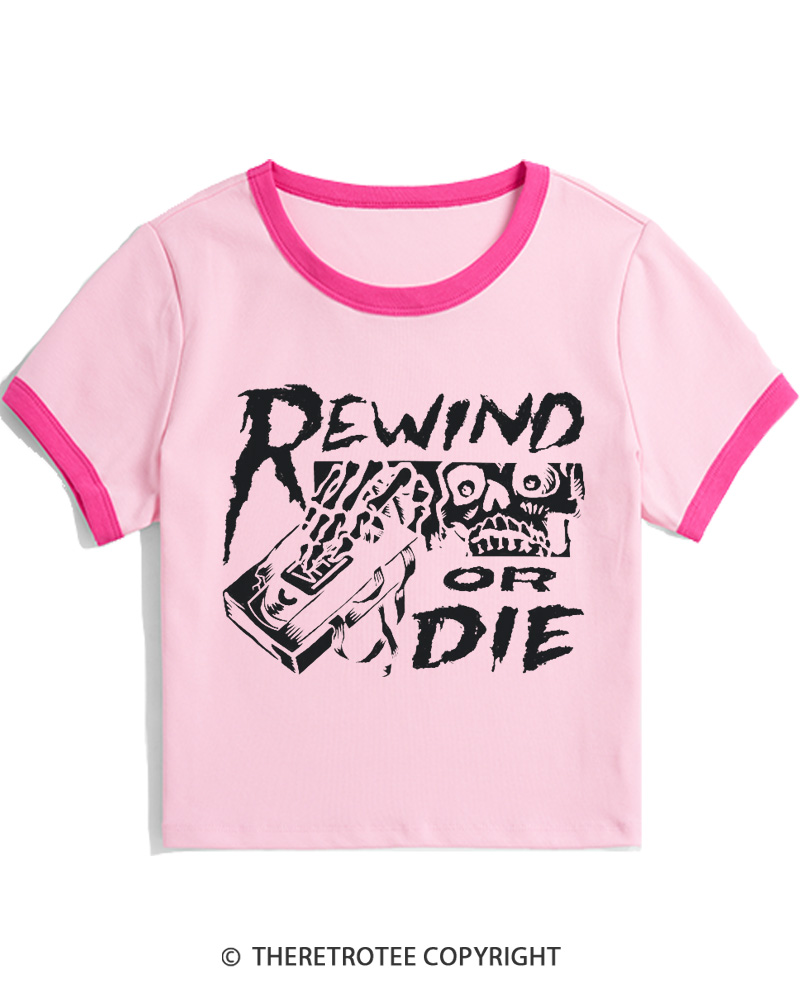 TheRetroTee Rewind Or Die 1980s Women Ringer T-shirt