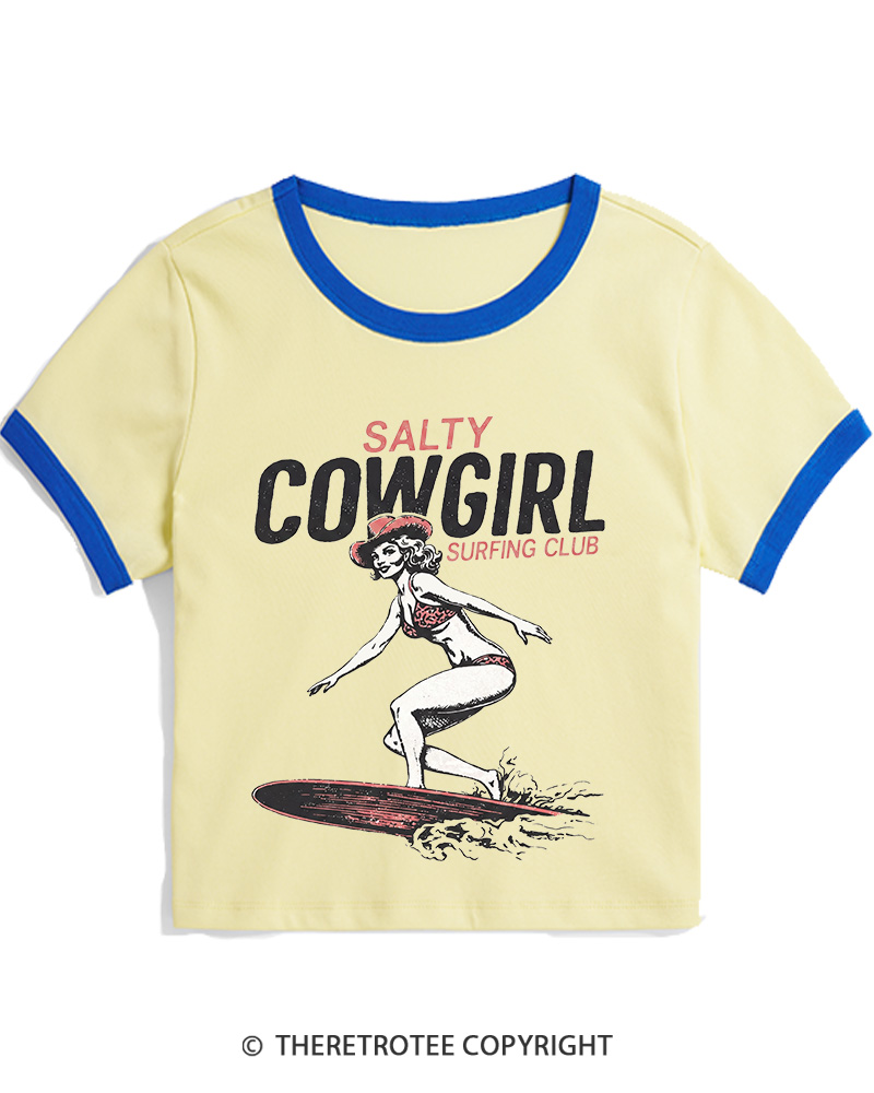 TheRetroTee Salty Cowgirl Surfing Club Women's Ringer T-shirt