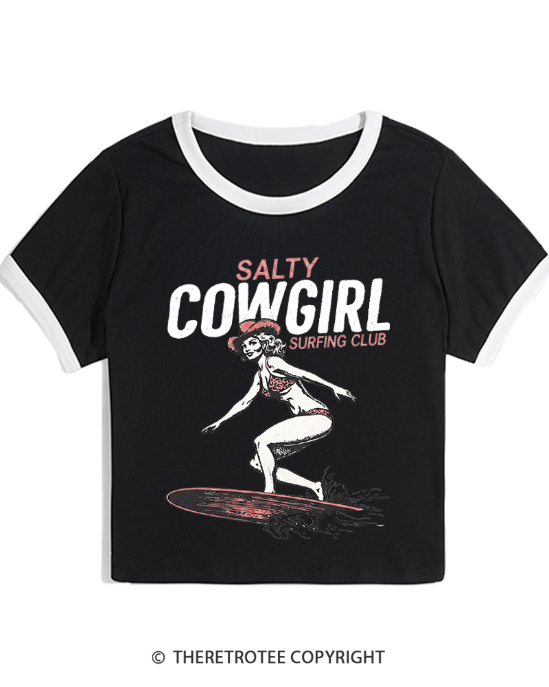 TheRetroTee Salty Cowgirl Surfing Club Women's Ringer T-shirt