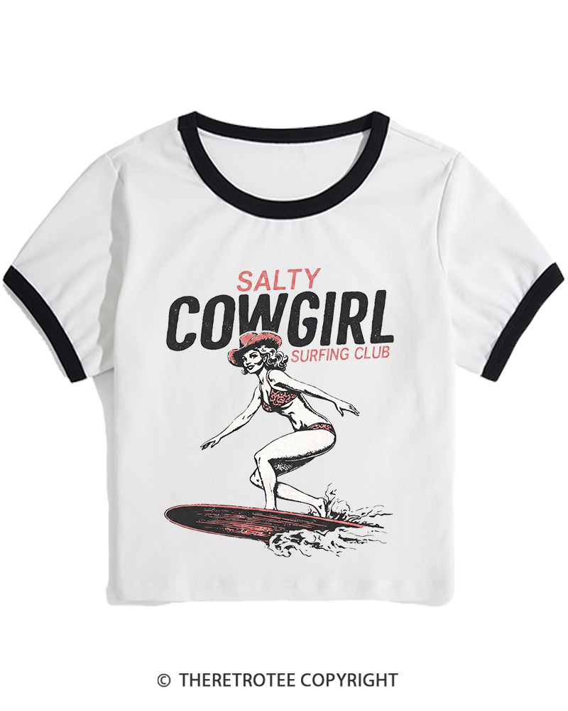 TheRetroTee Salty Cowgirl Surfing Club Women's Ringer T-shirt