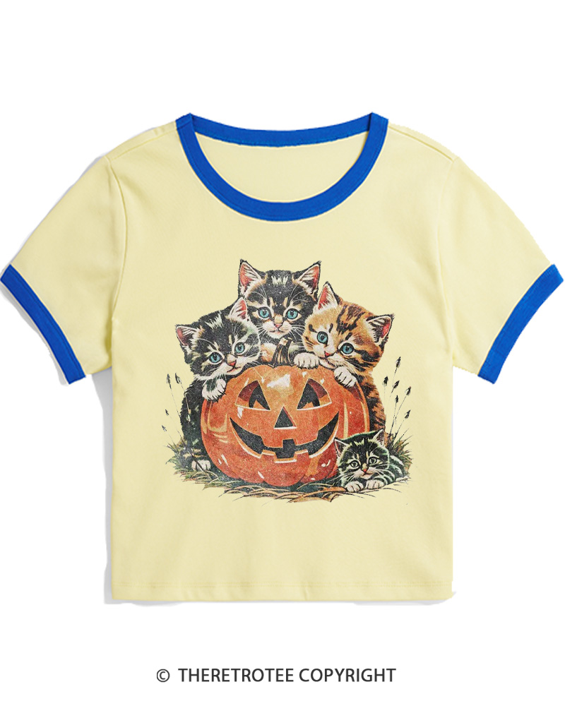 TheRetroTee Vintage Cat Halloween 1990s Women Ringer T-shirt