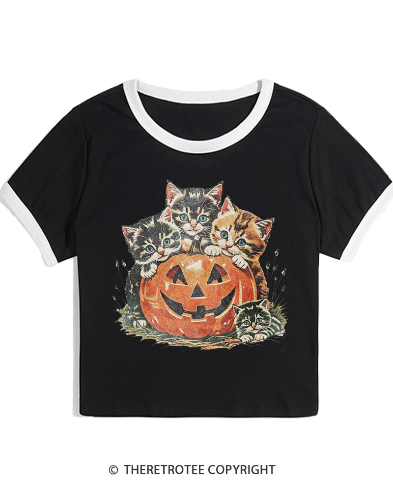 TheRetroTee Vintage Cat Halloween 1990s Women Ringer T-shirt