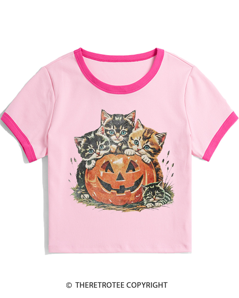 TheRetroTee Vintage Cat Halloween 1990s Women Ringer T-shirt