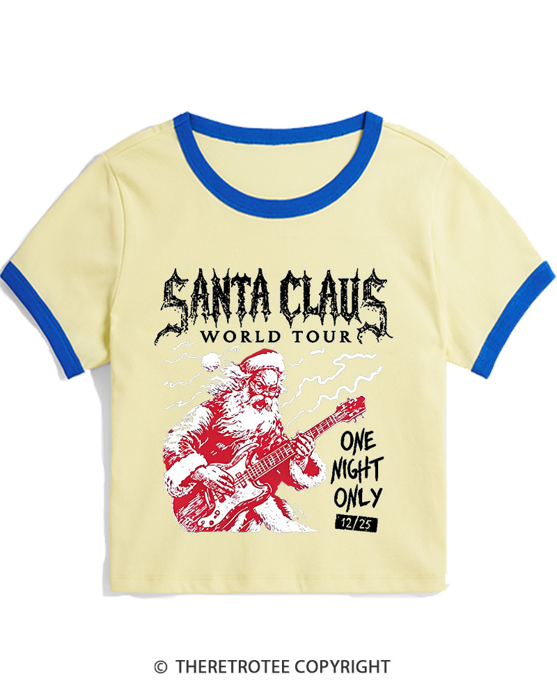 TheRetroTee Santa Claus World Tour 1980s Christmas Women Ringer T-shirt