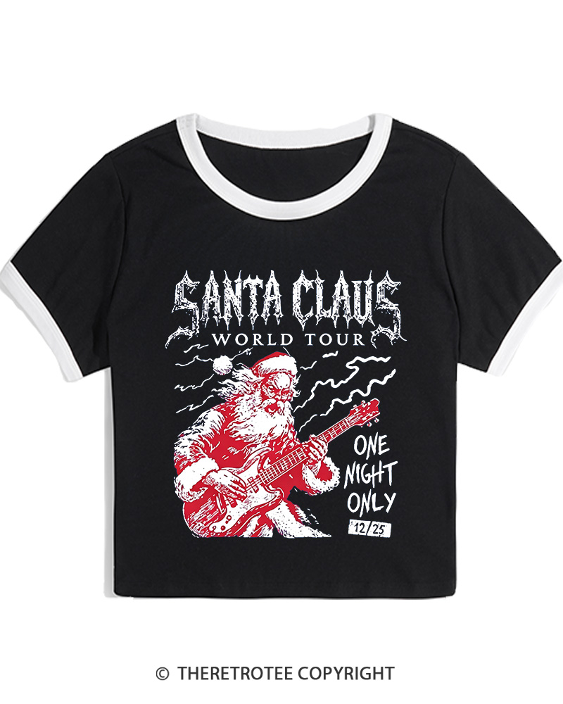 TheRetroTee Santa Claus World Tour 1980s Christmas Women Ringer T-shirt