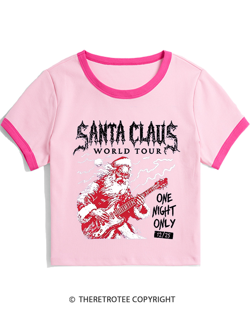 TheRetroTee Santa Claus World Tour 1980s Christmas Women Ringer T-shirt