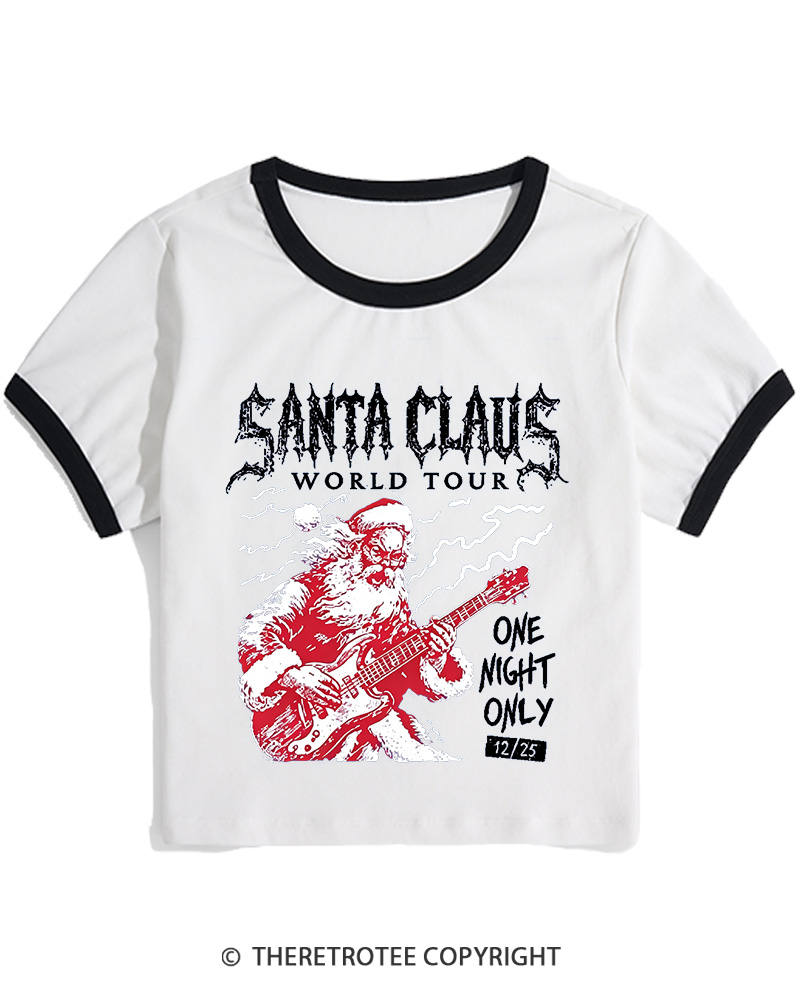 TheRetroTee Santa Claus World Tour 1980s Christmas Women Ringer T-shirt