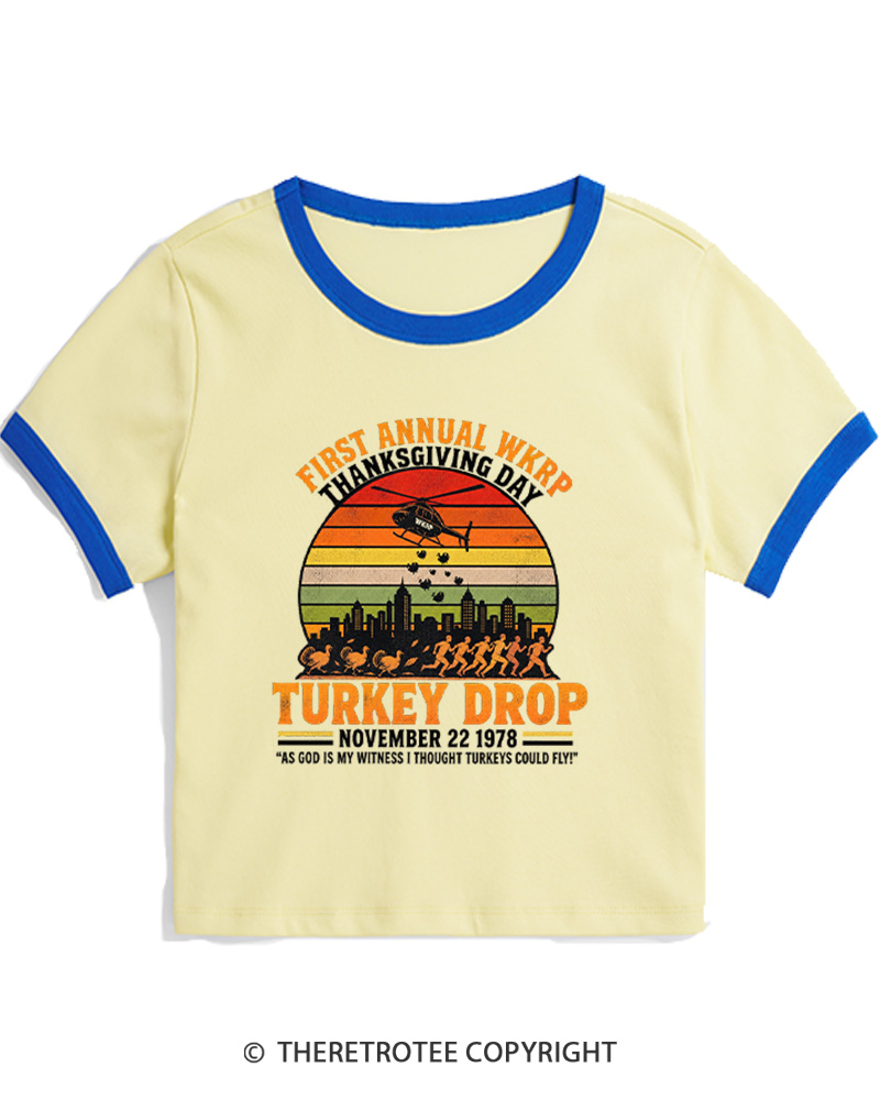 TheRetroTee First Annual WKRP Thanksgiving Day Turkey Drop 1970s Women's Ringer T-Shirt