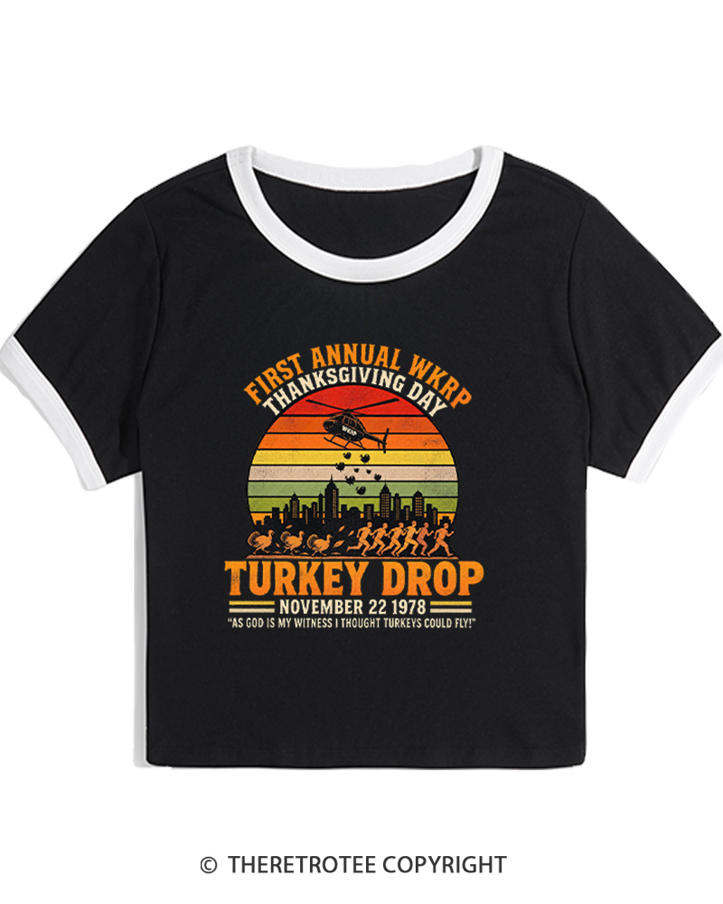 TheRetroTee First Annual WKRP Thanksgiving Day Turkey Drop 1970s Women's Ringer T-Shirt