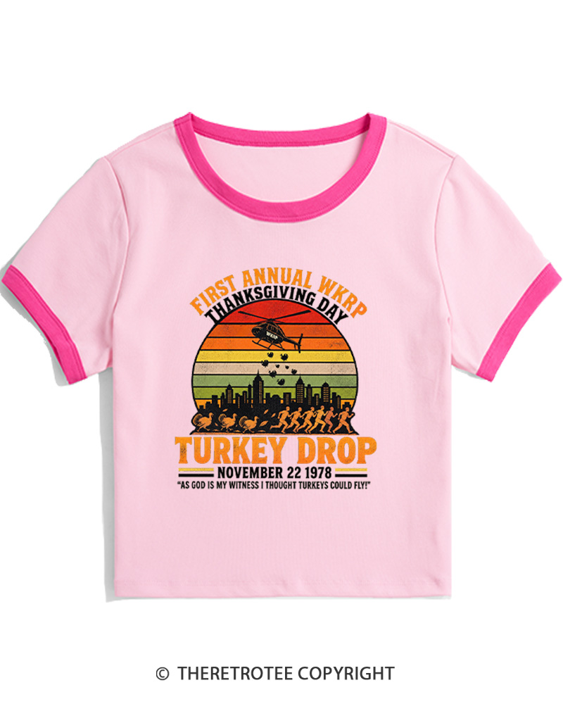TheRetroTee First Annual WKRP Thanksgiving Day Turkey Drop 1970s Women's Ringer T-Shirt