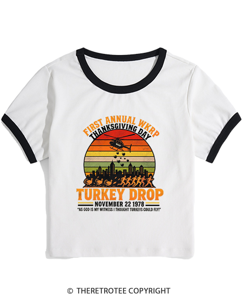 TheRetroTee First Annual WKRP Thanksgiving Day Turkey Drop 1970s Women's Ringer T-Shirt