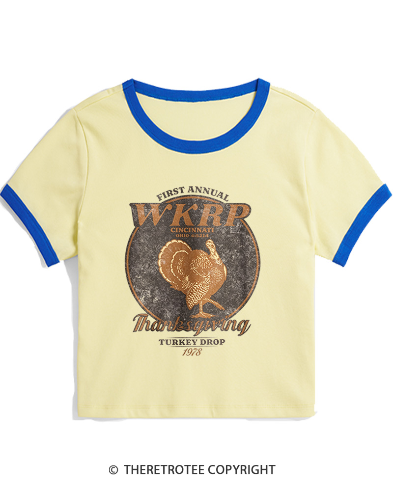 TheRetroTee First Annual WKRP Thanksgiving Turkey Drop 1970s Women's Ringer T-Shirt