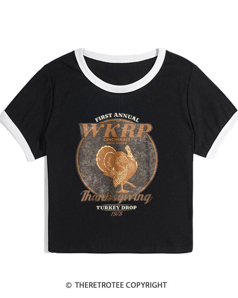 TheRetroTee First Annual WKRP Thanksgiving Turkey Drop 1970s Women's Ringer T-Shirt