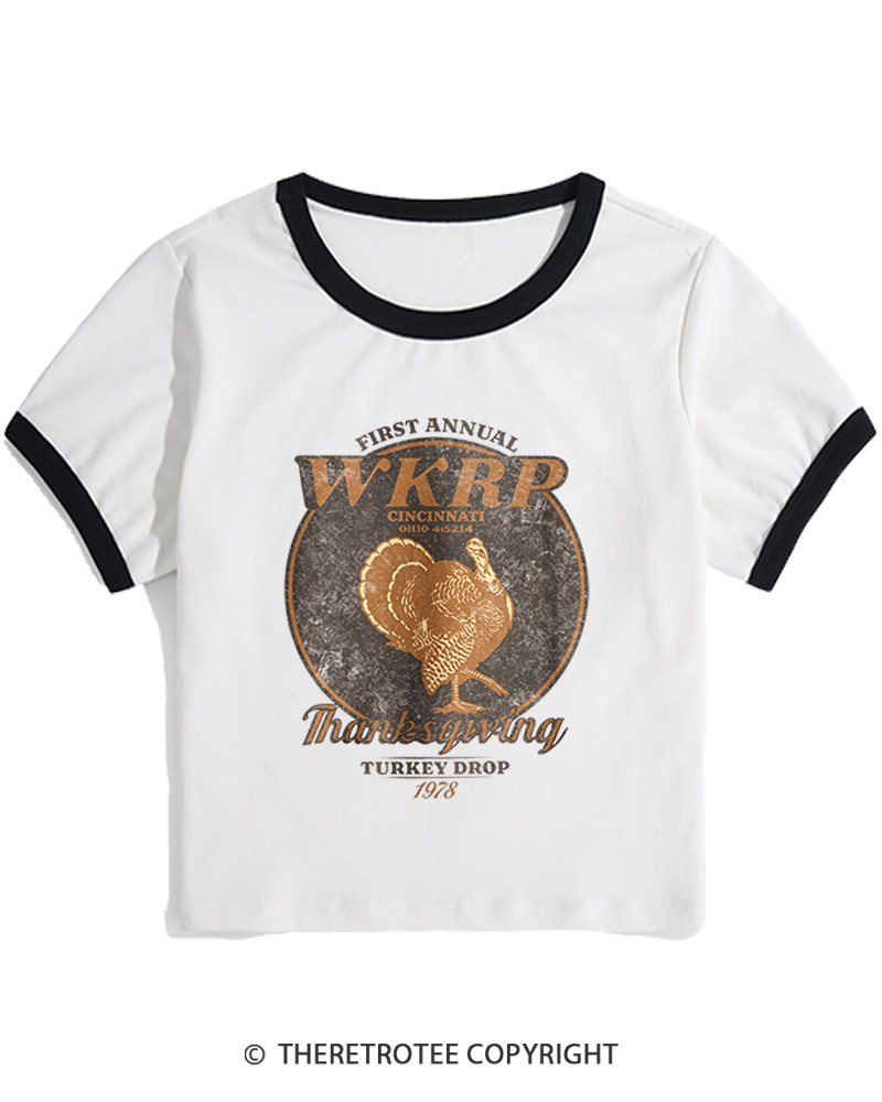 TheRetroTee First Annual WKRP Thanksgiving Turkey Drop 1970s Women's Ringer T-Shirt