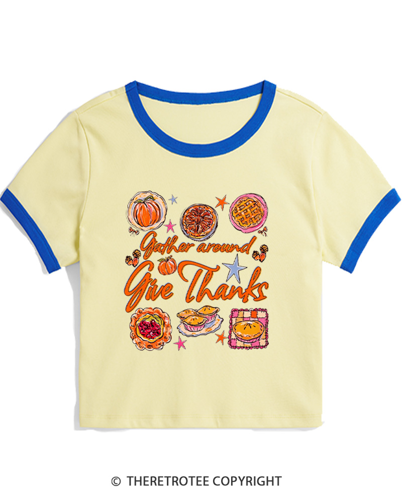 TheRetroTee Gather Around Give Thanks 1970s Women's Ringer T-Shirt