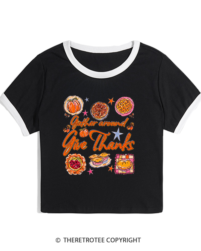 TheRetroTee Gather Around Give Thanks 1970s Women's Ringer T-Shirt