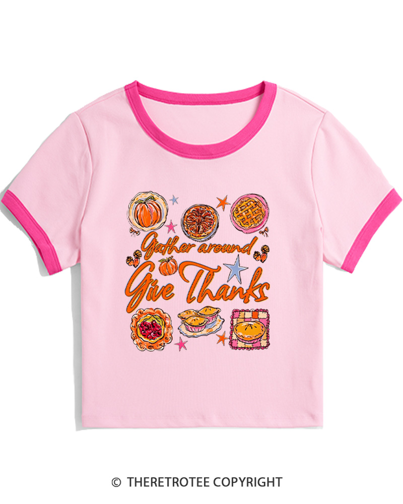 TheRetroTee Gather Around Give Thanks 1970s Women's Ringer T-Shirt
