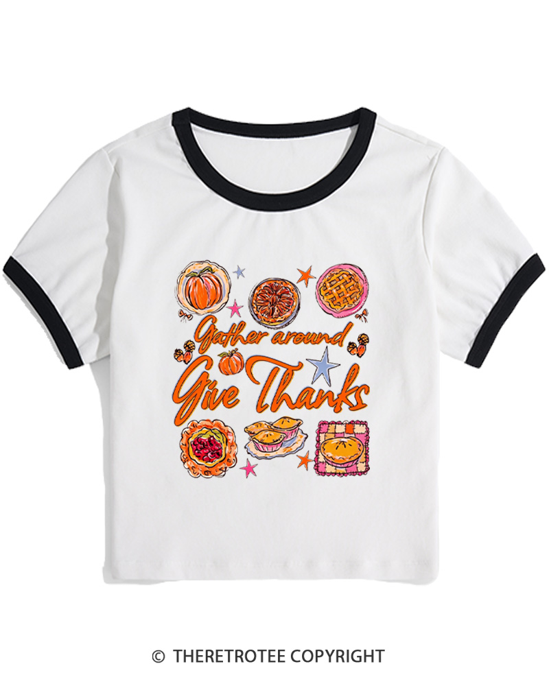 TheRetroTee Gather Around Give Thanks 1970s Women's Ringer T-Shirt