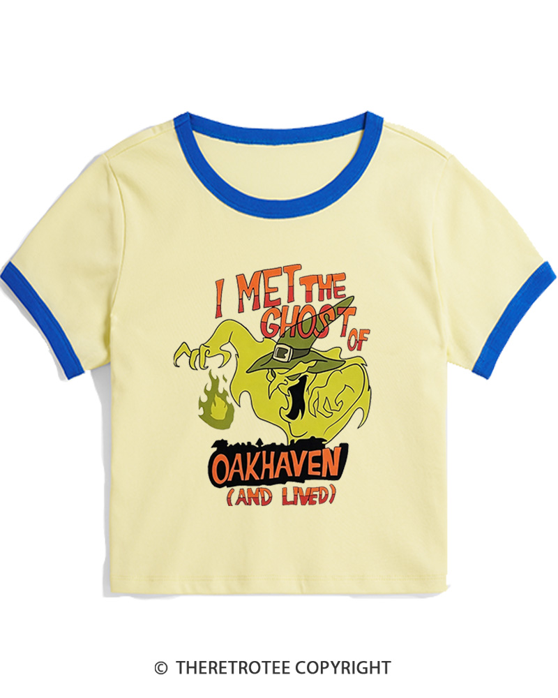 TheRetroTee I Met The Ghost Of Oakhaven 1990s Women's Ringer T-Shirt