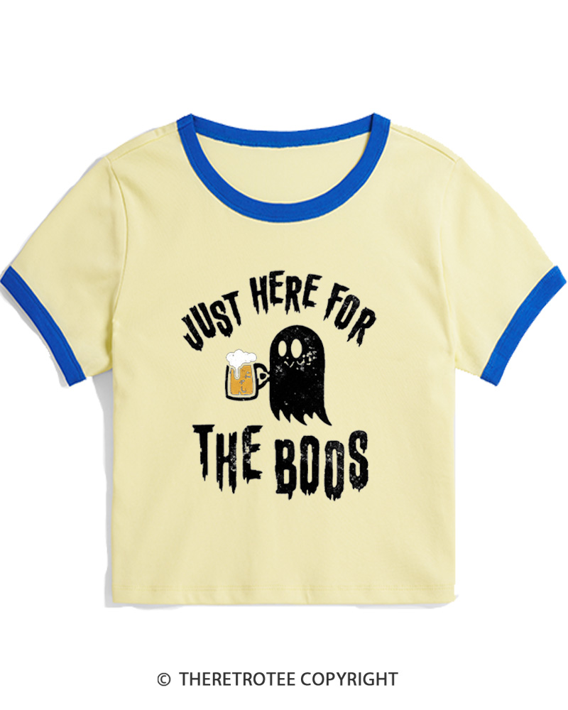 TheRetroTee Just Here For The Boos 1980s Women Ringer T-shirt