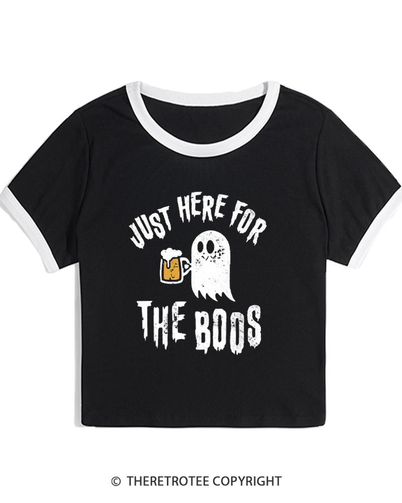 TheRetroTee Just Here For The Boos 1980s Women Ringer T-shirt