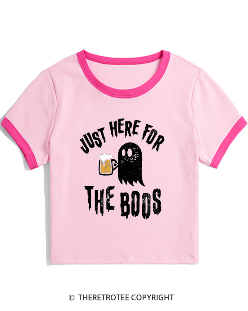 TheRetroTee Just Here For The Boos 1980s Women Ringer T-shirt