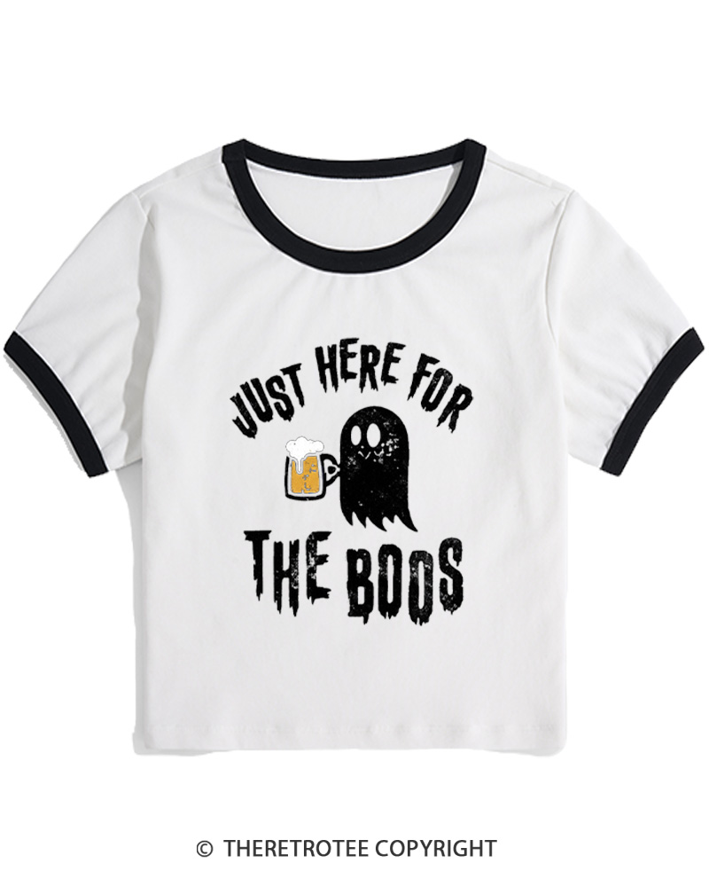 TheRetroTee Just Here For The Boos 1980s Women Ringer T-shirt