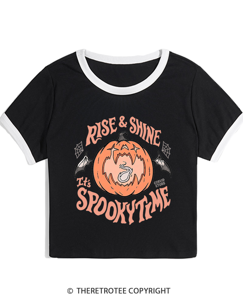 TheRetroTee Rise & Shine It’s Spooky Time 1980s Women Ringer T-shirt
