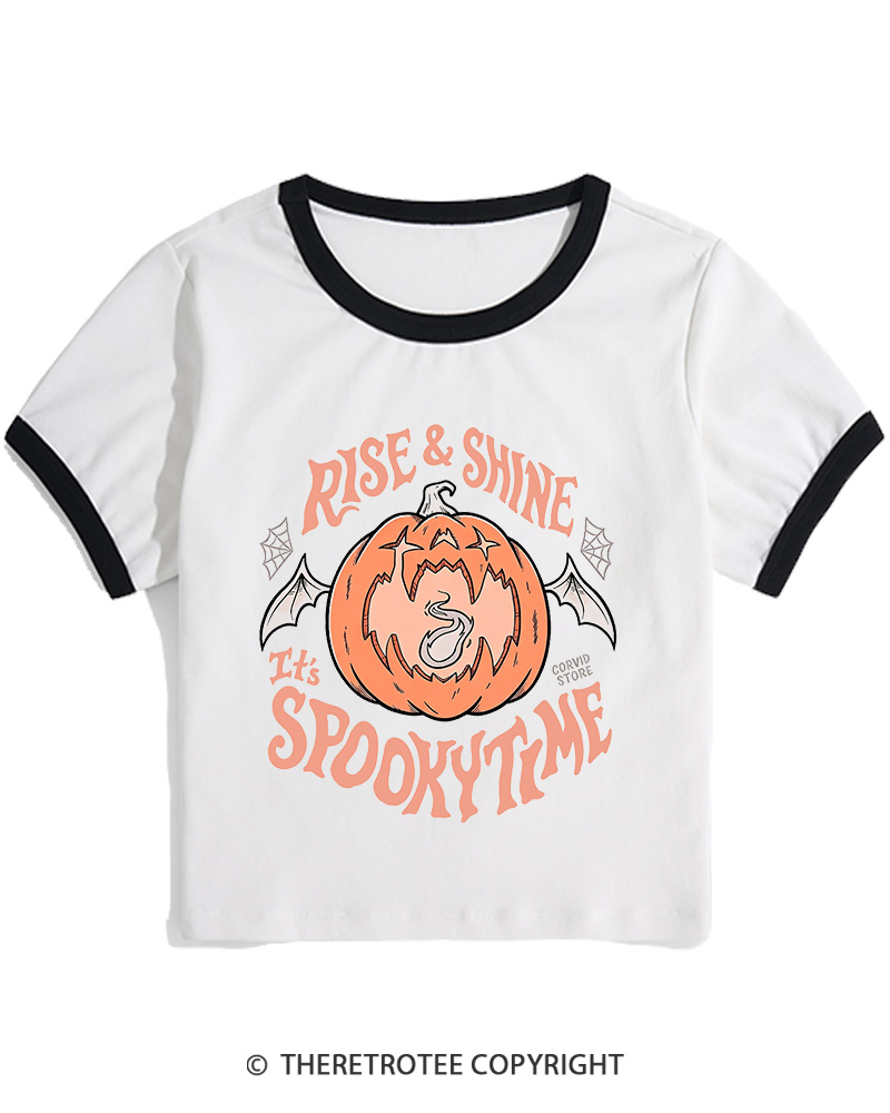 TheRetroTee Rise & Shine It’s Spooky Time 1980s Women Ringer T-shirt