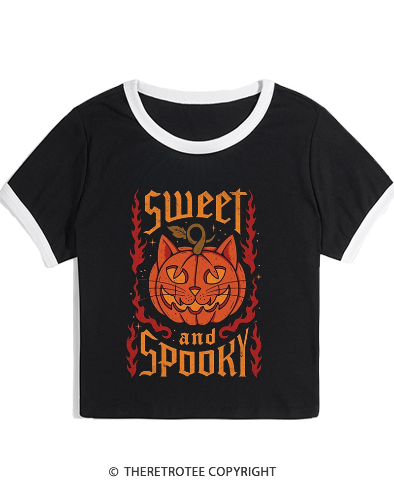 TheRetroTee Cute Ghost Pumpkin 1990s Women Ringer T-shirt