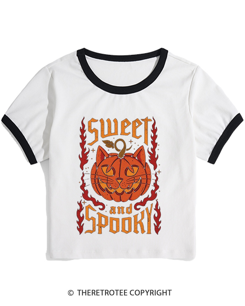 TheRetroTee Cute Ghost Pumpkin 1990s Women Ringer T-shirt