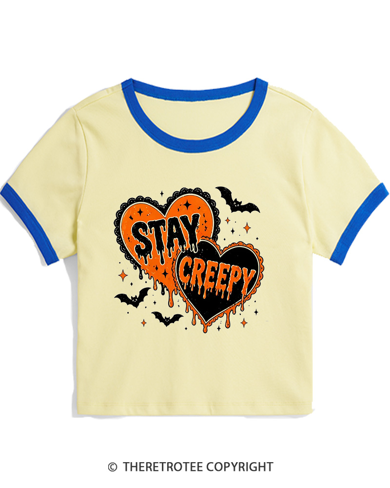 TheRetroTee Stay Creepy 1990s Women's Ringer T-Shirt