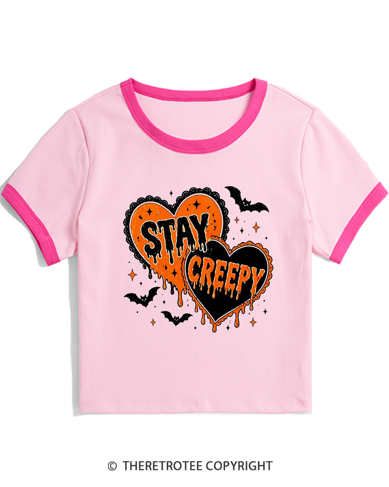 TheRetroTee Stay Creepy 1990s Women's Ringer T-Shirt